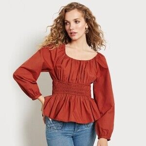 NWT Sam Edelman Cilian Smocked Top Long Balloon Sleeve Gingerbread Red Medium